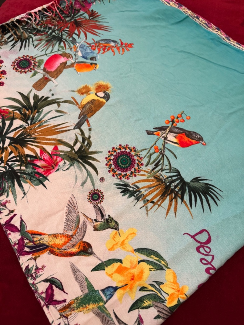 Desigual beach wrap towel floral humming bird print with hot pink toweling back
